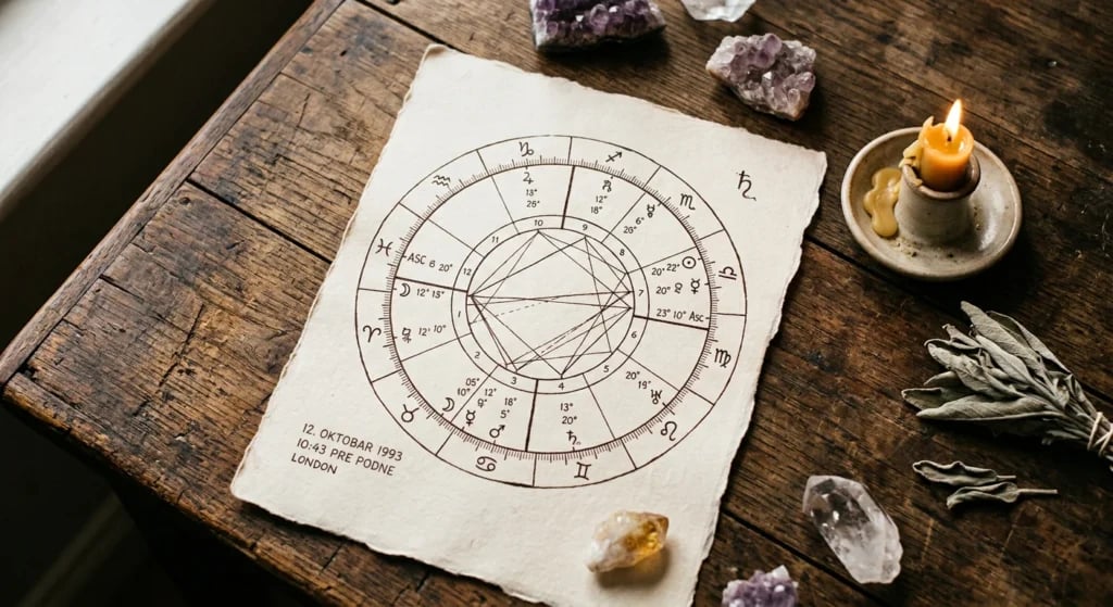 Natalna karta sa astrološkim simbolima na drvenom stolu, okružena kristalima
