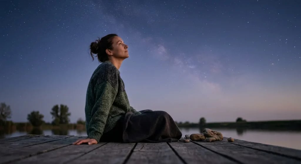 Žena posmatra zvezdano nebo tokom večernje meditacije